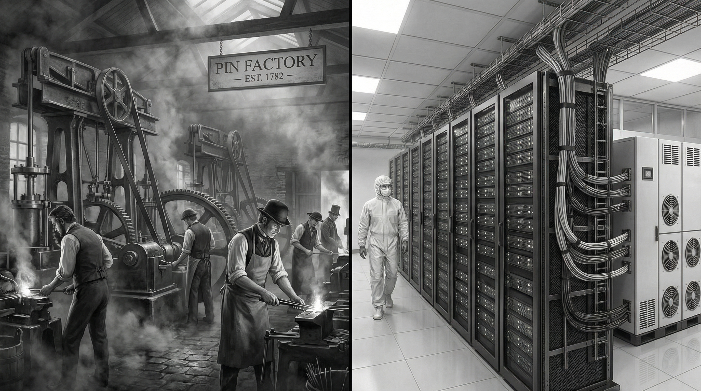 18세기 영국 공장 풍경과 현대 서버실이 반반으로 합쳐진 모습