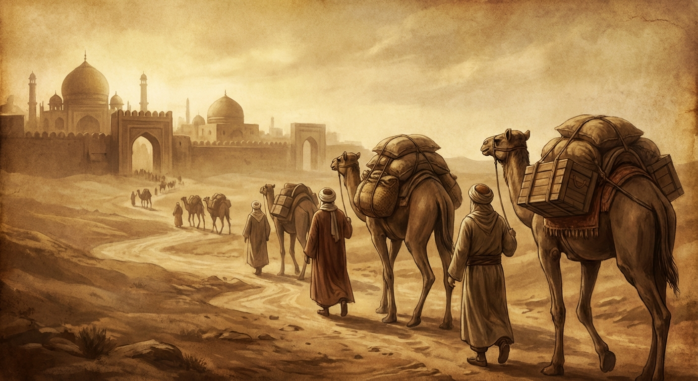 실크로드를 따라 향신료를 운반하는 상인들