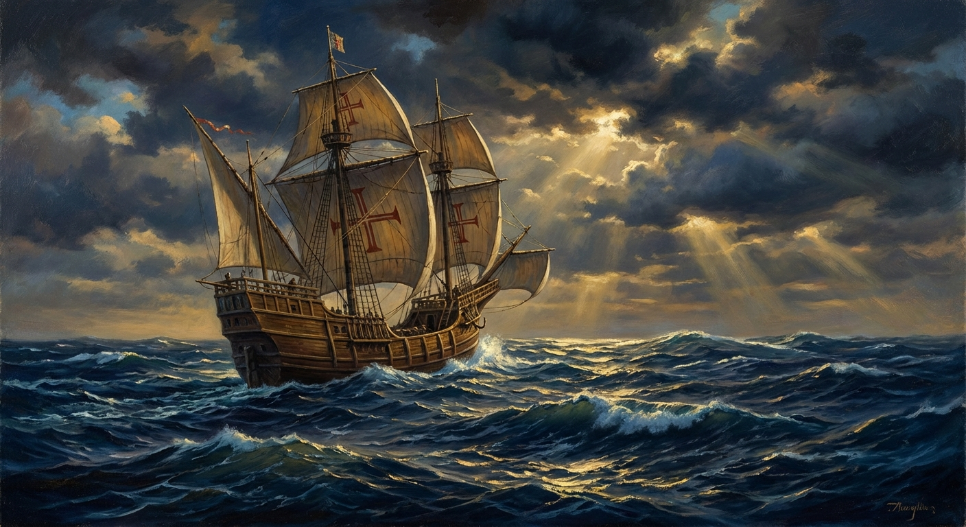 폭풍 속 대양을 건너는 포르투갈 탐험선