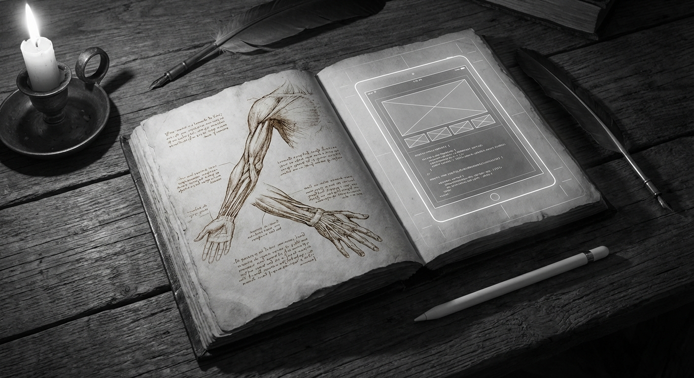 다빈치풍 해부학 스케치와 현대 와이어프레임이 공존하는 노트북