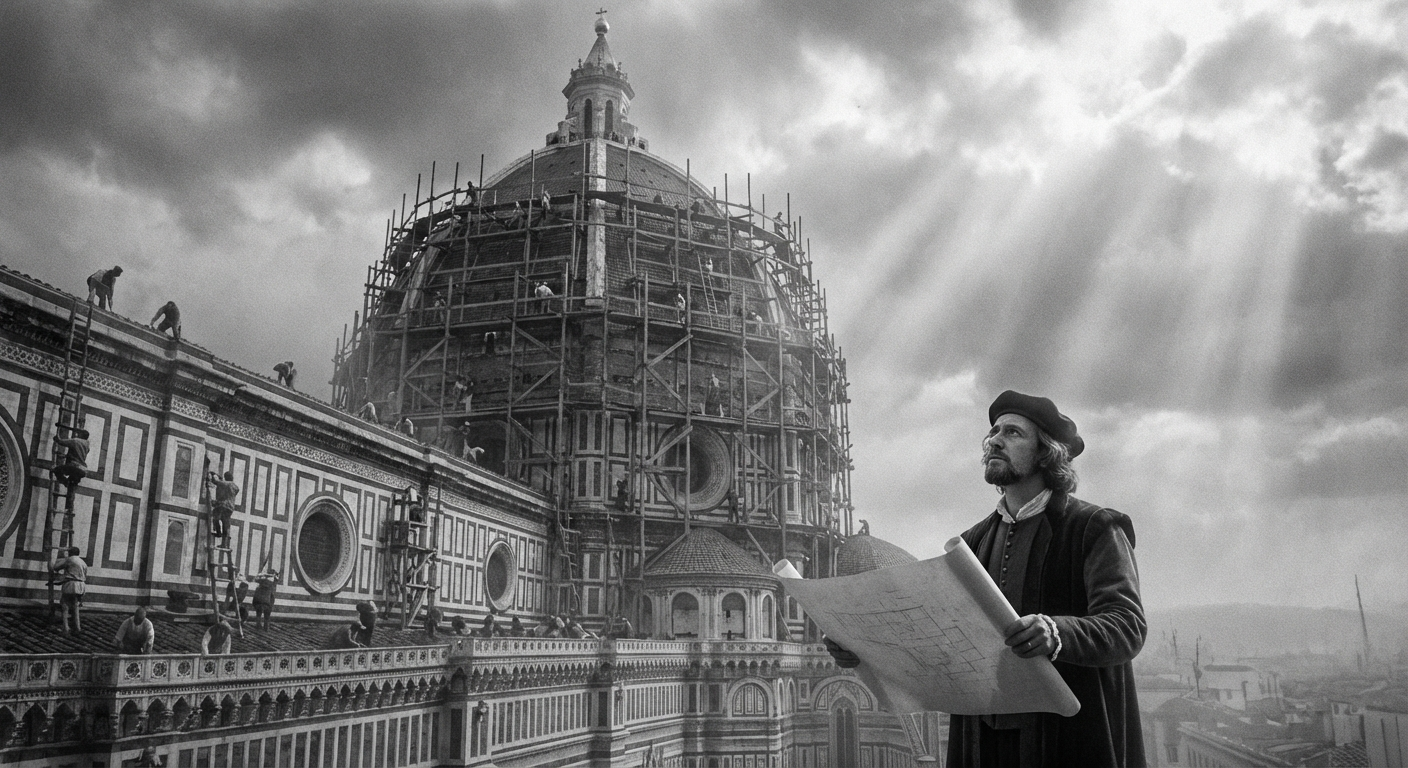 피렌체 두오모 대성당 건설 현장과 설계도를 든 건축가