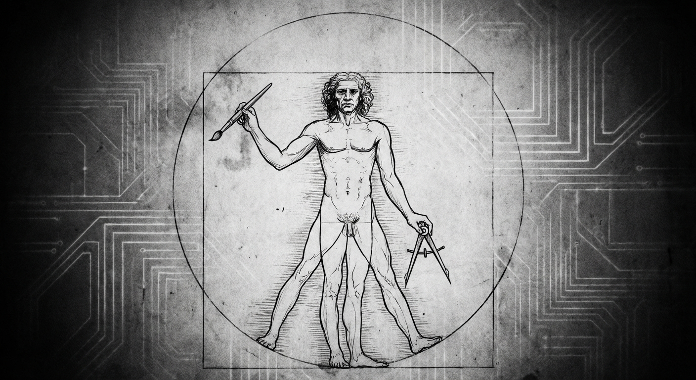 비트루비우스 인간 — 한 손에 붓, 다른 손에 컴파스