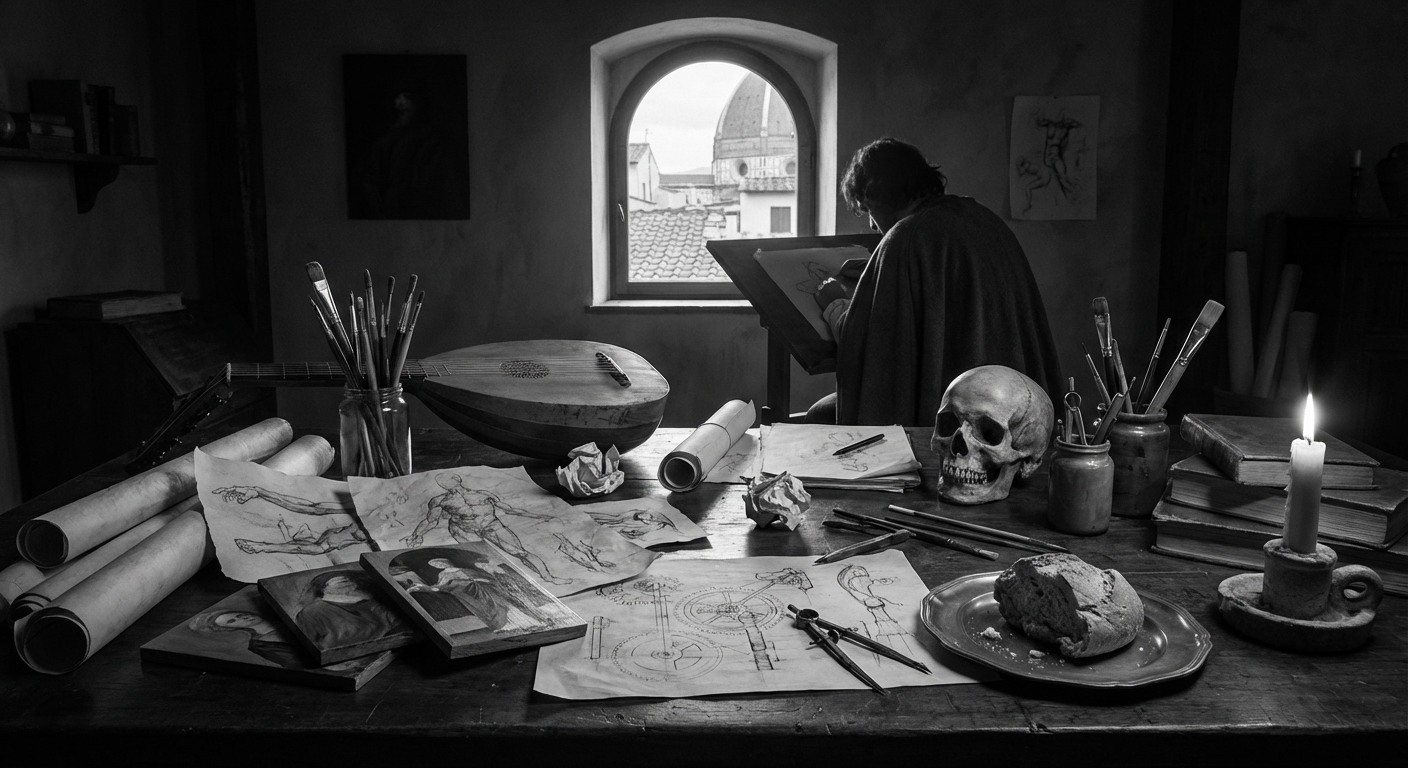 르네상스 작업실 — 해부도, 악기, 설계도가 뒤섞인 책상