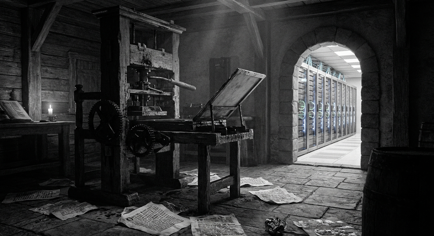 구텐베르크 인쇄기와 현대 서버룸이 공존하는 장면